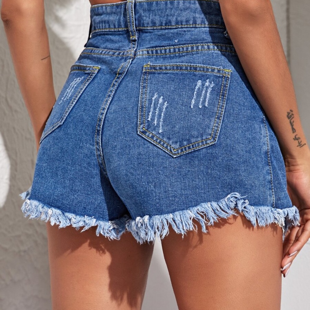 Medium Wash Distressed Frayed Denim Button Skorts - Picture 4 of 5